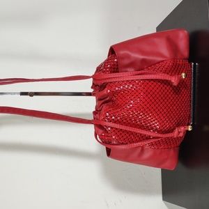 Red Mesh/Faux Leather Drawstring Shoulder Bag